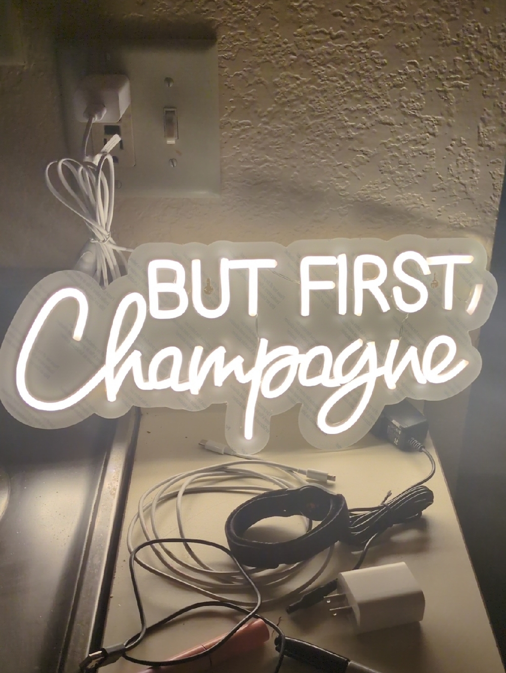 bachelorette Decor ... But First, Champagne Neon Sign - White LED Script